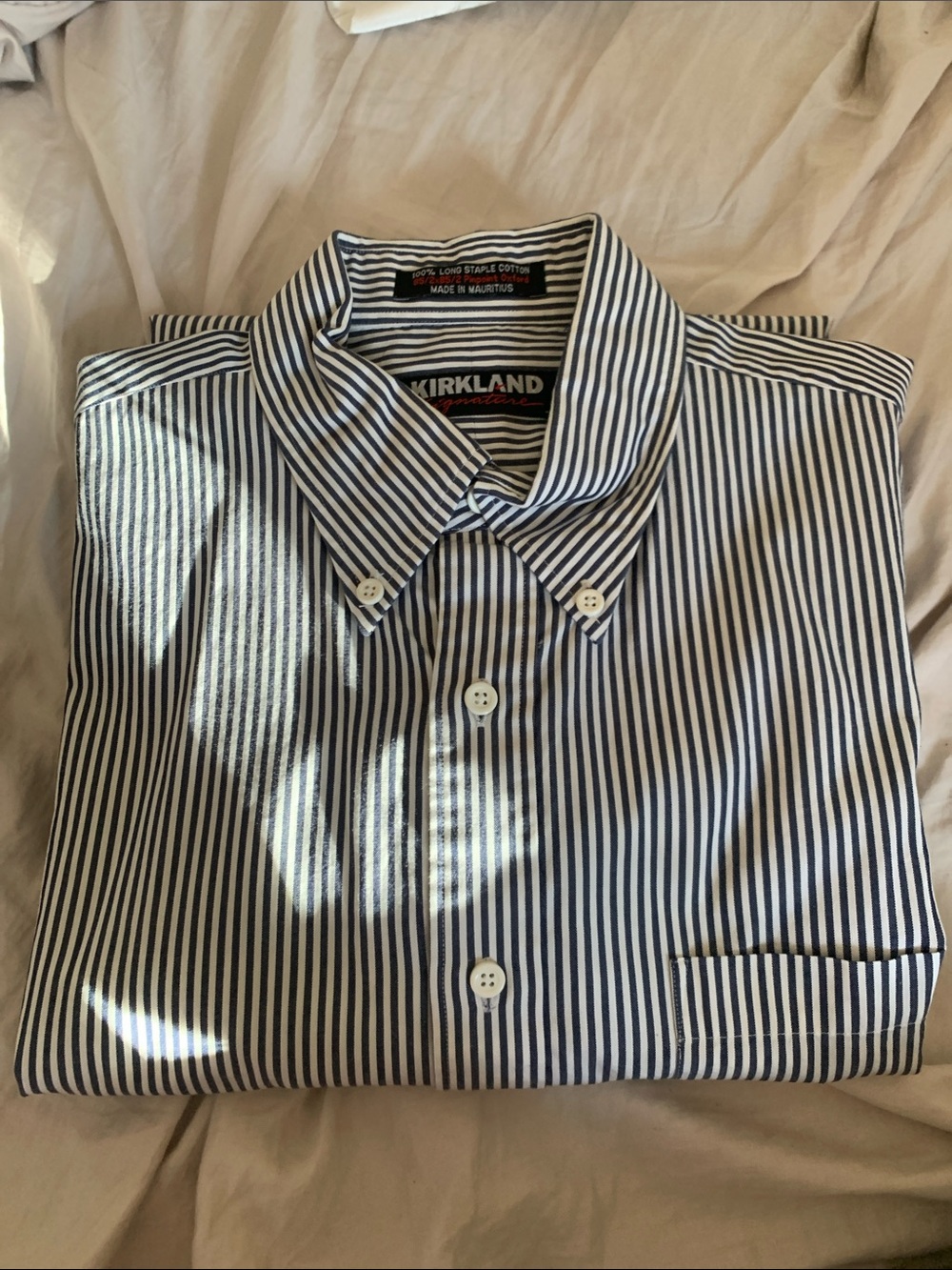 Kirkland Signature Men's Navy and White Striped Button-Down Shirt